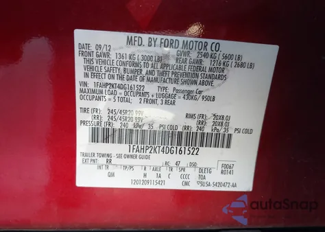 2013 Ford Taurus Sho from USA, damaged, VIN 1FAHP2KT4DG161522